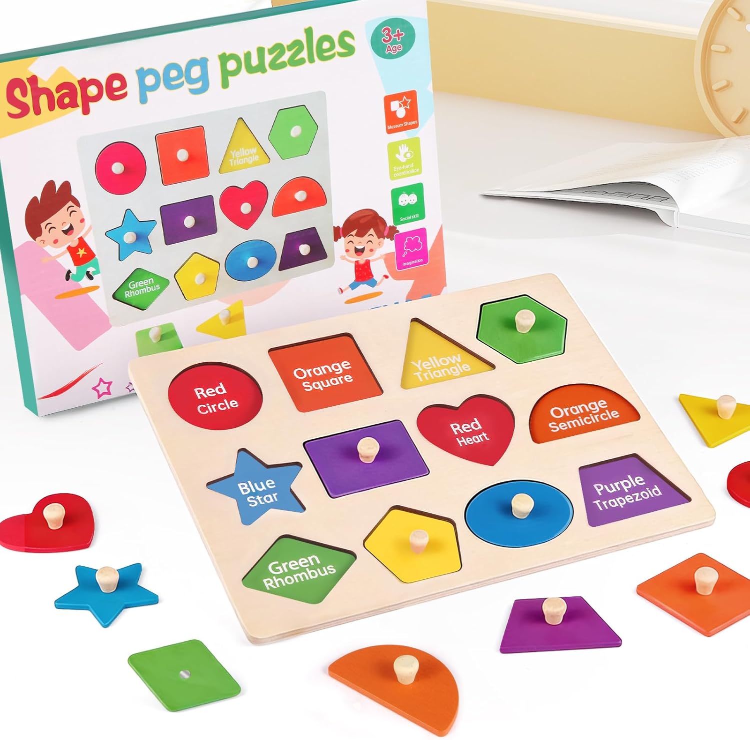 Montessori Wooden Peg Shape Puzzles for Toddlers 1-4, Sturdy Easy-Grip Educational Learning Toys, Perfect Birthday Gifts for Baby Boys Girls