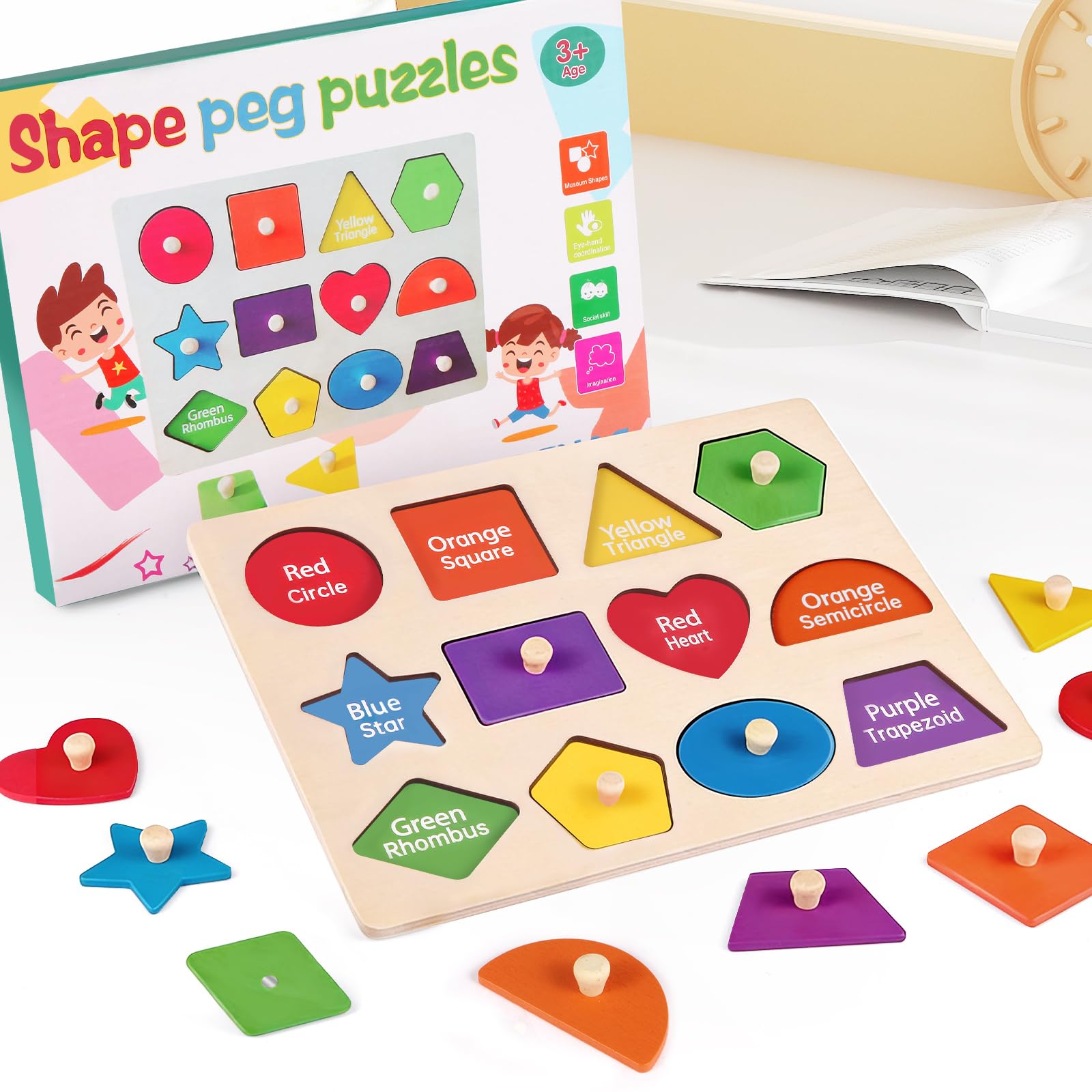 Montessori Holzpuzzle in Klammerform für Kleinkinder | Stabiles, leicht zu greifendes glattes Holzbrett, lustiges Lernspielzeug für Vorschule, Geschenke für Jungen und Mädchen