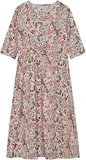 Vestido Largo Informal Holgado con Bolsillos y Manga Corta con Cuello Redondo y Estampado de Primavera y Verano, Color Azul, L