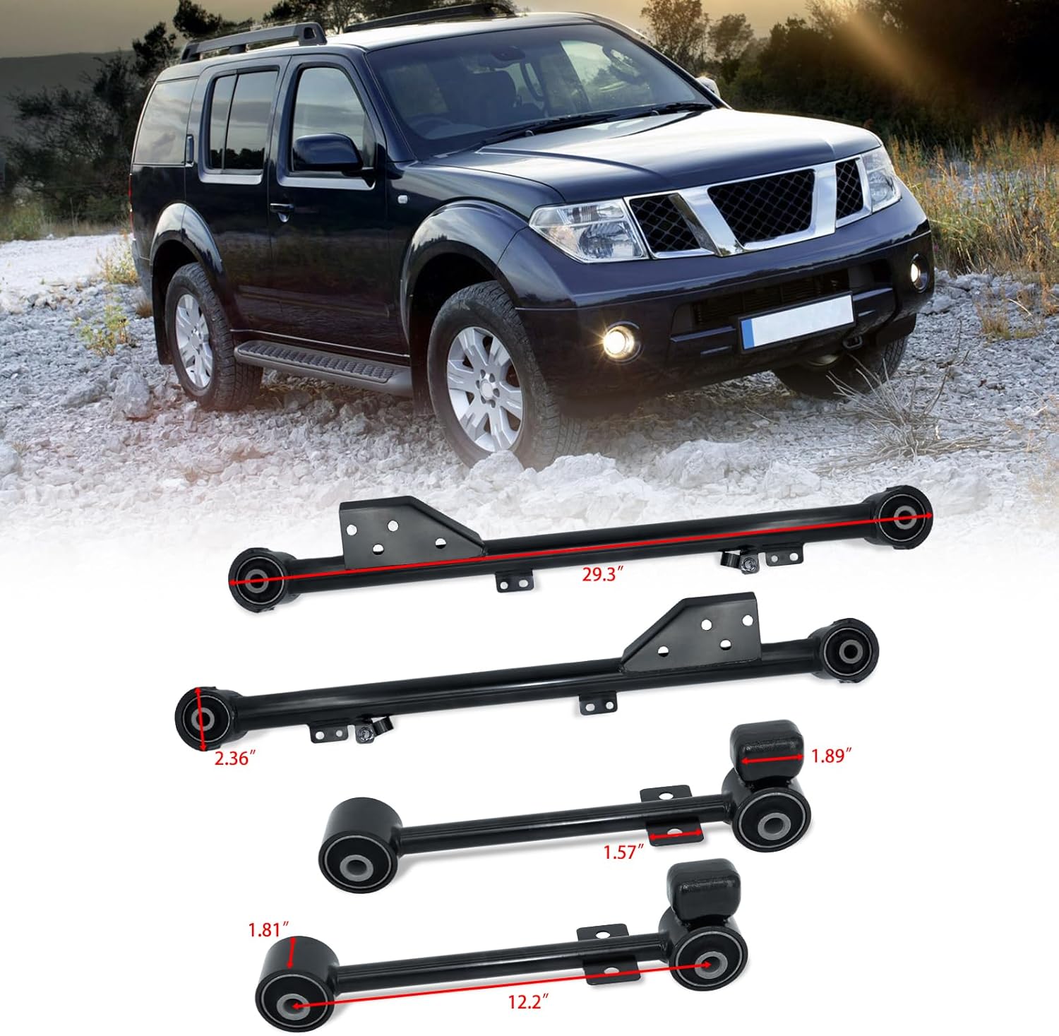 4pcs Rear Suspension Upper Lower Control Arm Trailing Control Arm Replacement for 1997-2004 Nissan Pathfinder 1997-2003 Infiniti QX4 K660905 K660904 K660903 905-802 905-803 905-804