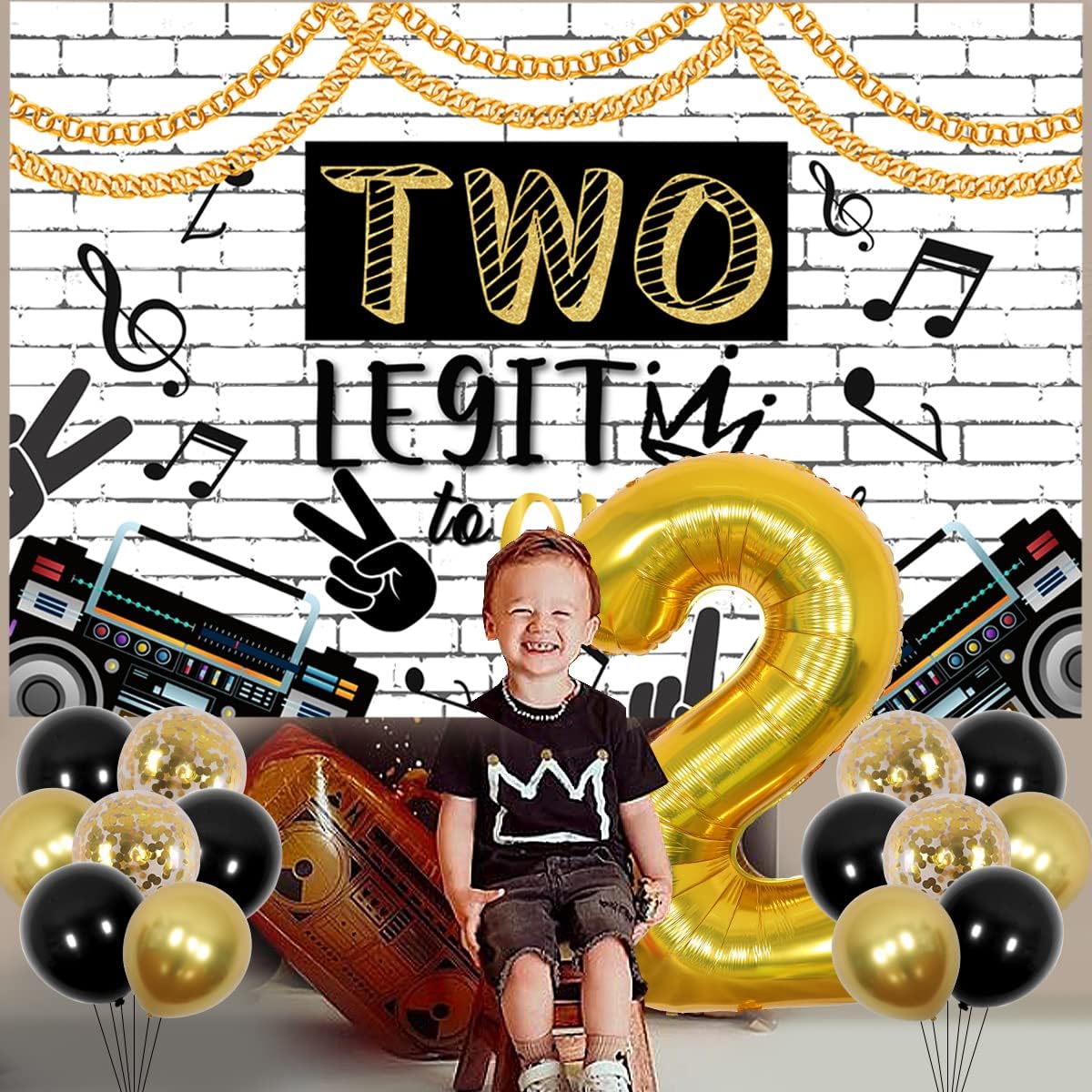 Two Legit to Quit 2nd Birthday Party Decoration - Black & Gold Confetti Balloons, Number 2 Foil Balloons, 2 Legit 2 Quit Backdrop for 80s 90s Hip Hop Theme
