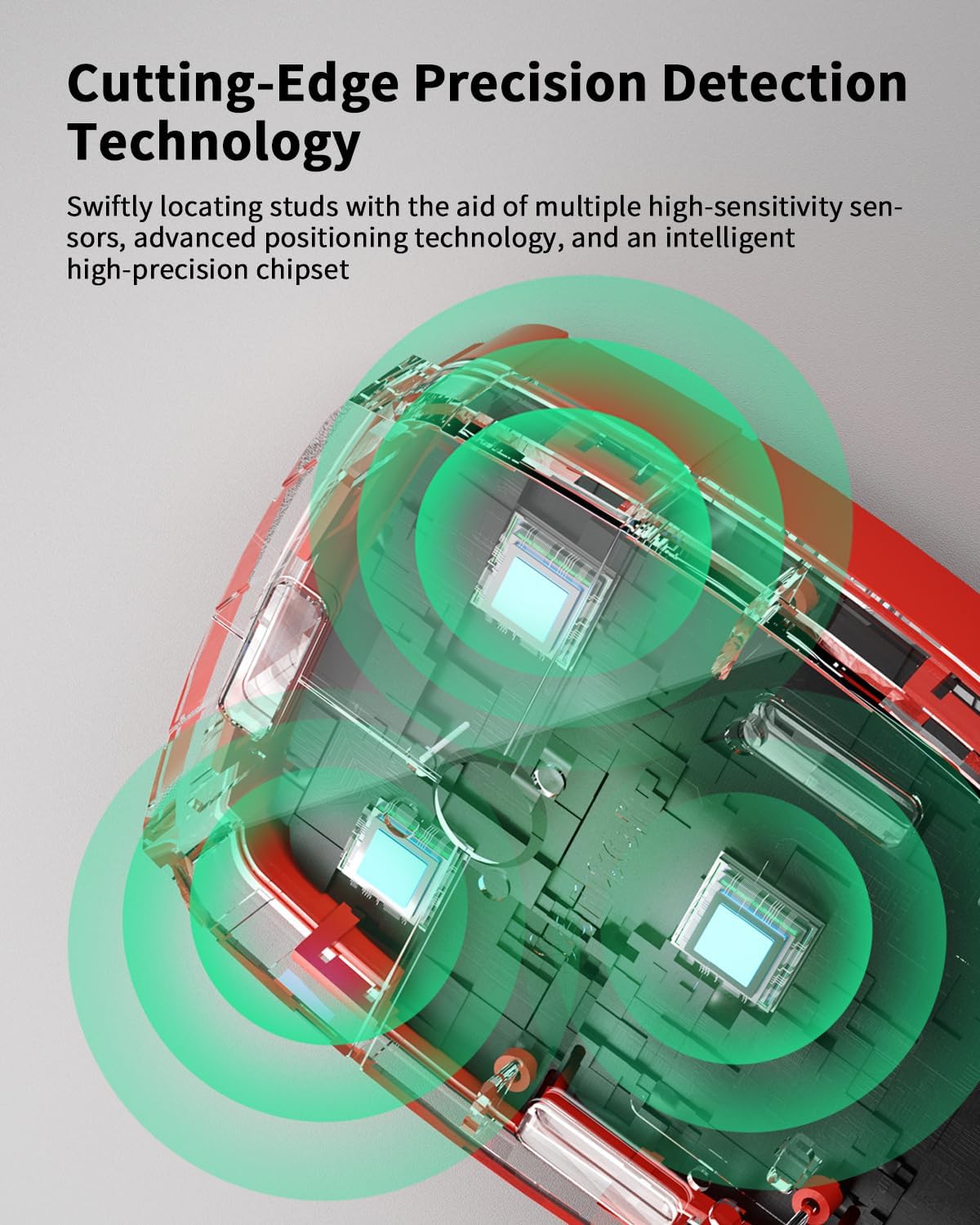 Dalaman view of the stud finder highlighting its multiple high-sensitivity sensors and intelligent chipset