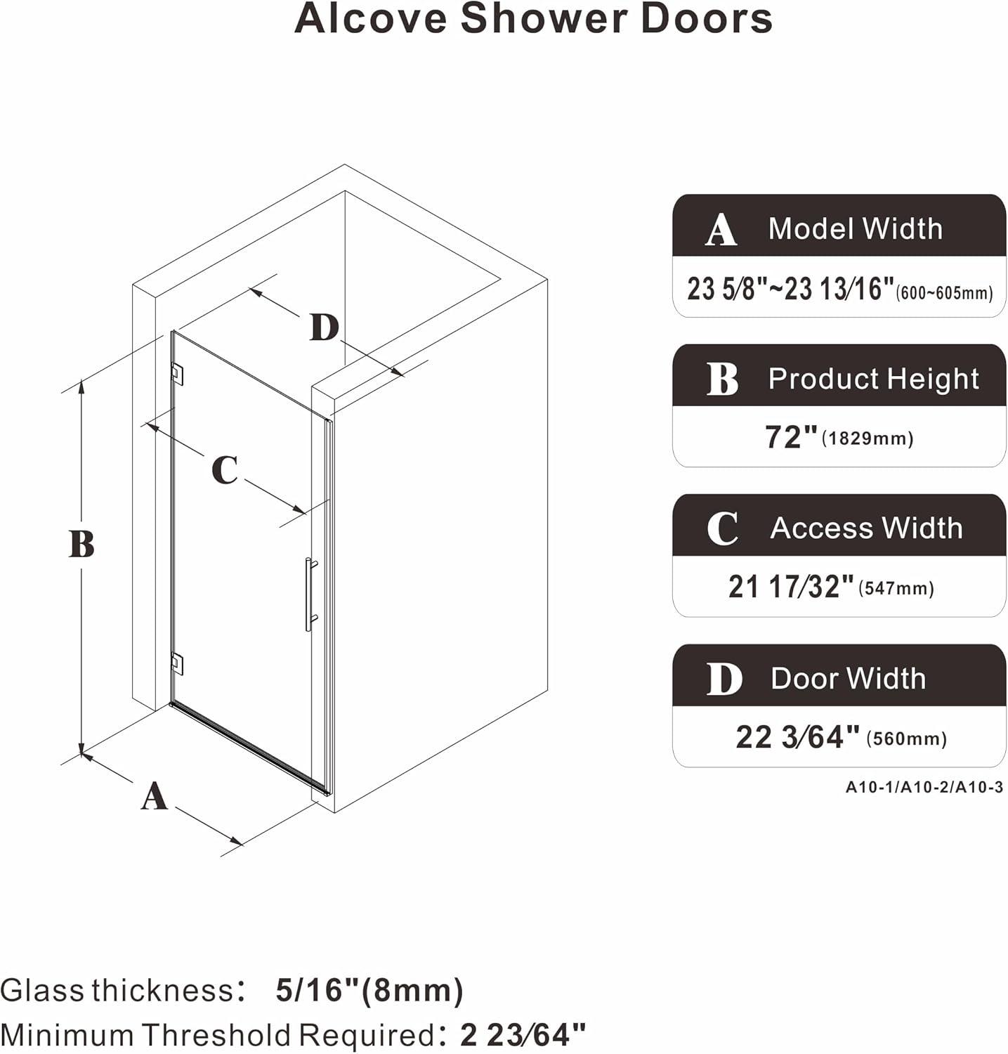 23.6-23.8" x 72" Frameless Hinged Shower Door, Single Swing Shower Panel with 5/16” (8mm) Tempered Glass, 180° in & Out Opening, 5mm Adjustable for Non-Vertical Walls (Brushed Gold, 23.8" x 72")