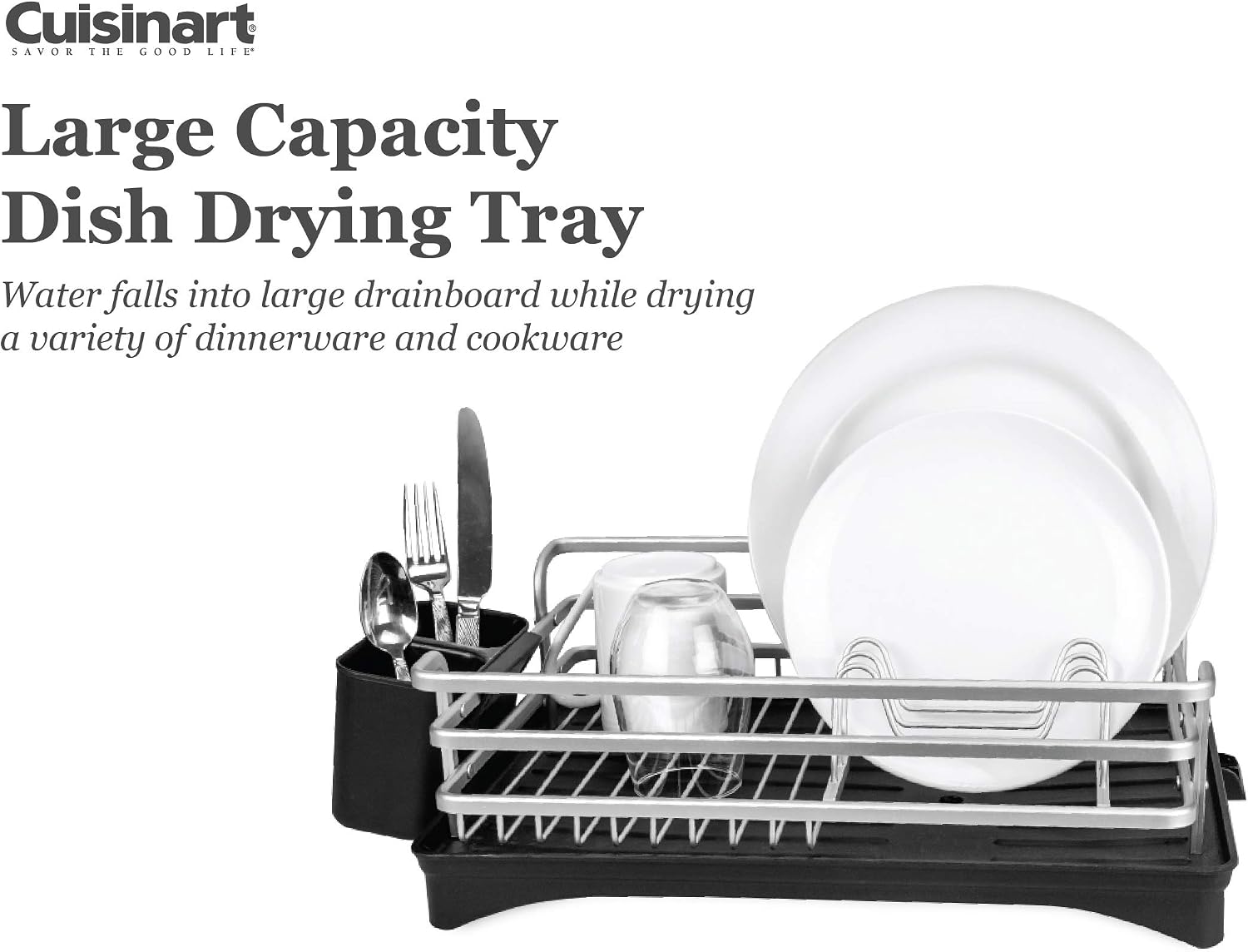 Cuisinart Aluminum Rust Proof Dish Drying Rack - Compact Dish Drying Rack with a Removable Tray, Swivel Draining Spout, and Utensil Caddy-Perfect Kitchen Countertop Organizer, Silver, 16" x 12" x 5.5"