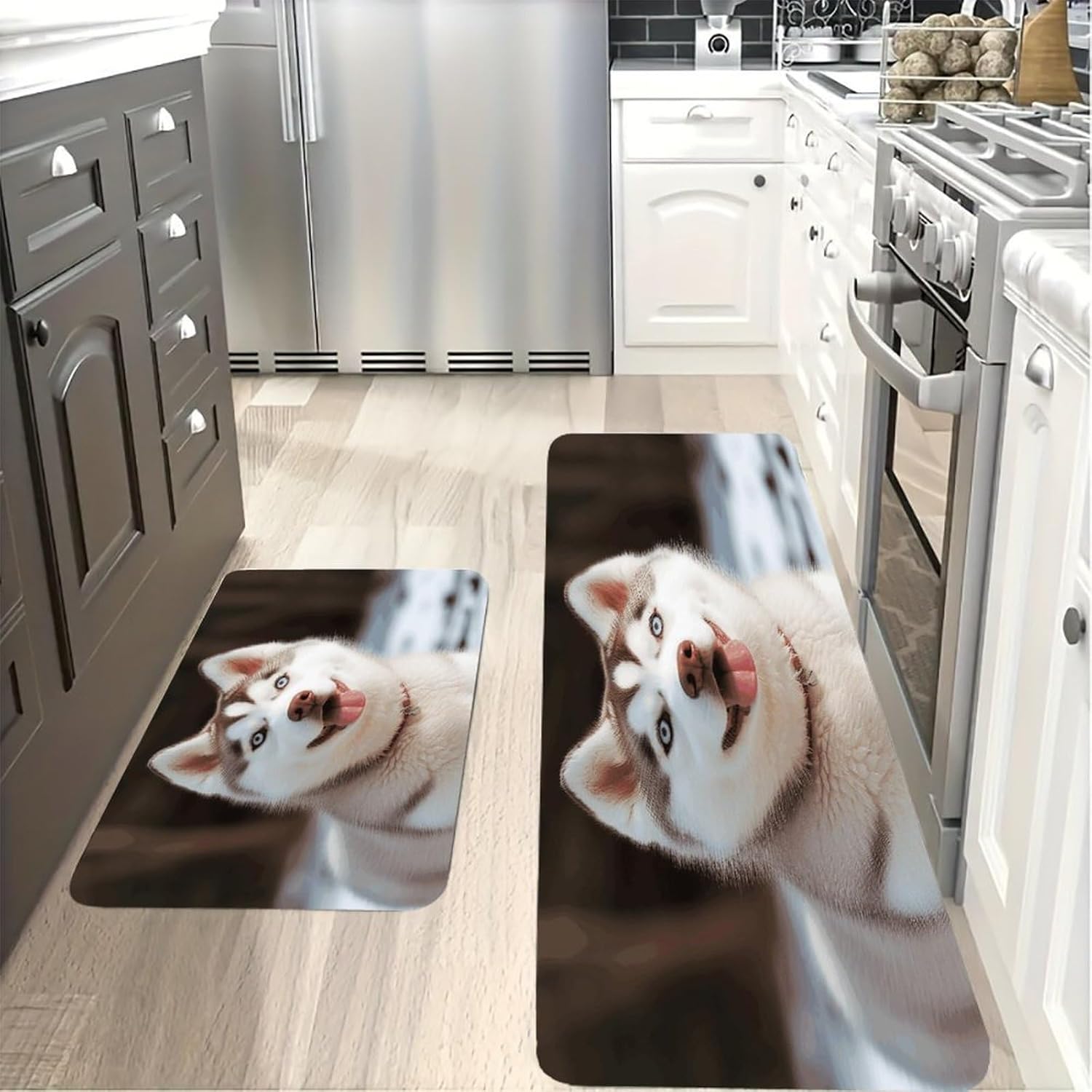 Husky Piquant Dog Kitchen Mat Washable Non Slip Rugs Soft Kitchen Mats for Floor Set of 2 PCS Cushioned Absorbent Runner Standing Rugs for Home Sink Laundry Office