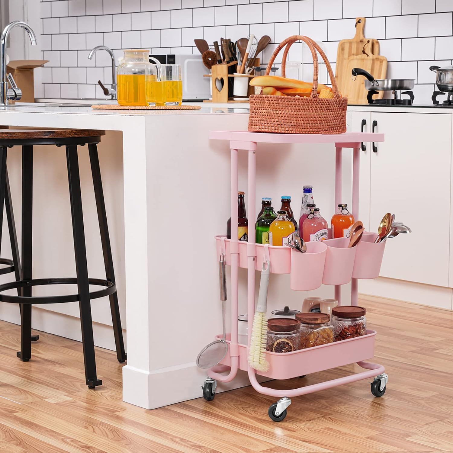 3 Tier Rolling Cart Tabletop Cart with Hanging Cups and Hooks Utility Kitchen Storage Cart for Office Home,Bedroom,Bathroom, Pink