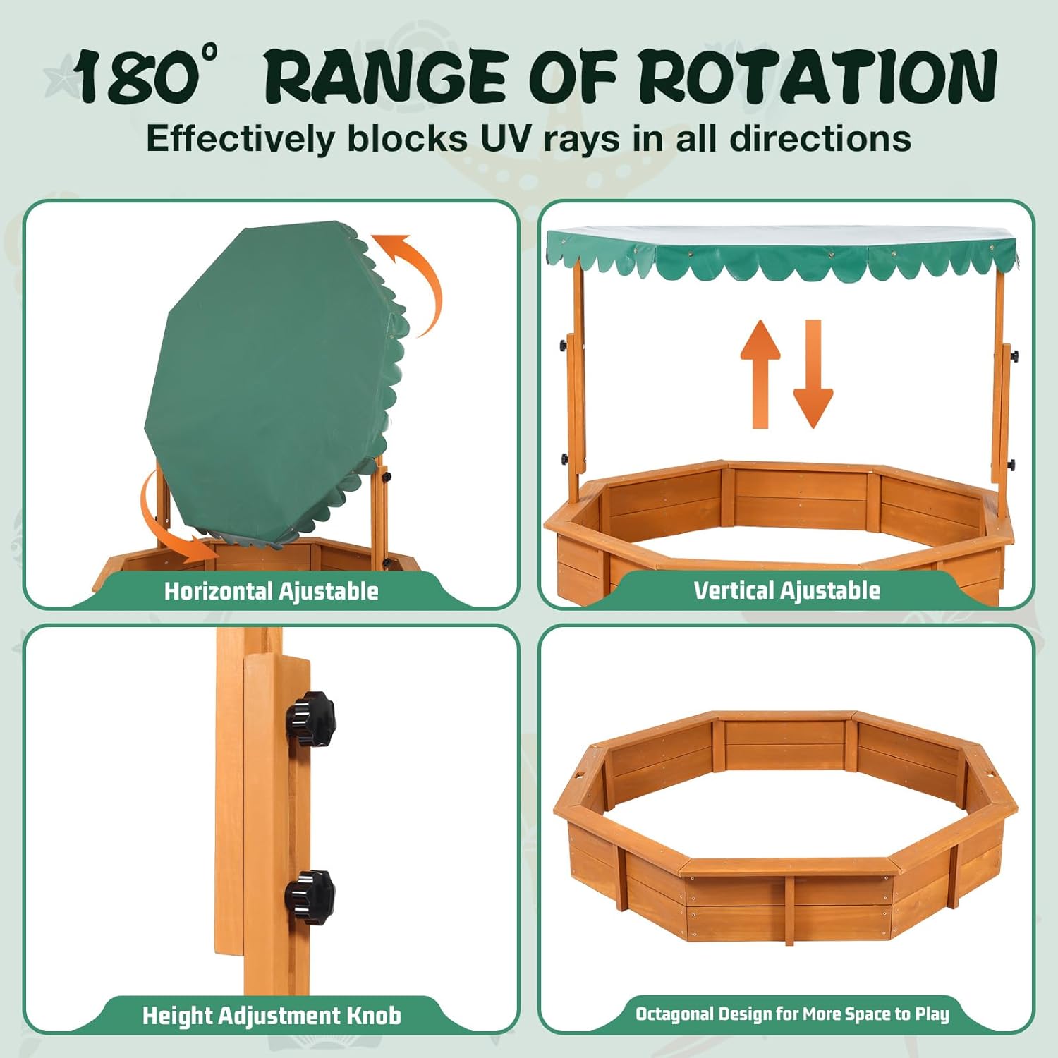 Sandbox with Lid Wood Toddler Sand Boxes with Canopy for Backyard Garden Octagonal Sandbox with Cover Outdoor Playhouse with Adjustable Lid for Aged 3-10 Years Old