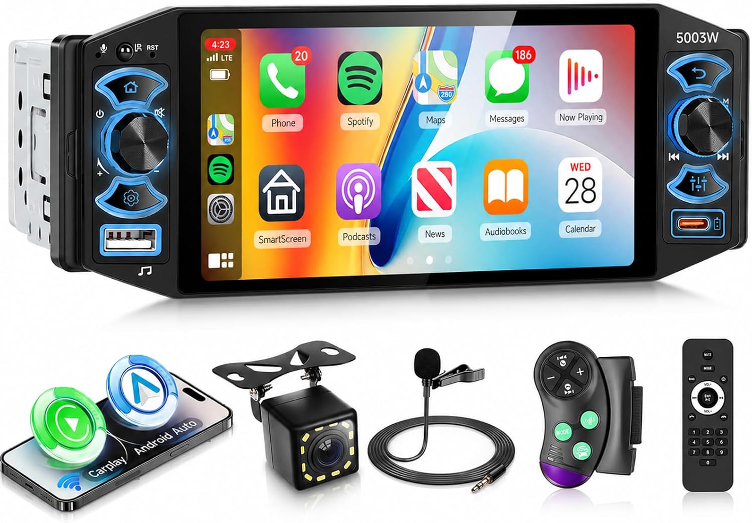 Rimoody 5" Single Din Car Stereo with Wireless CarPlay & Android Auto