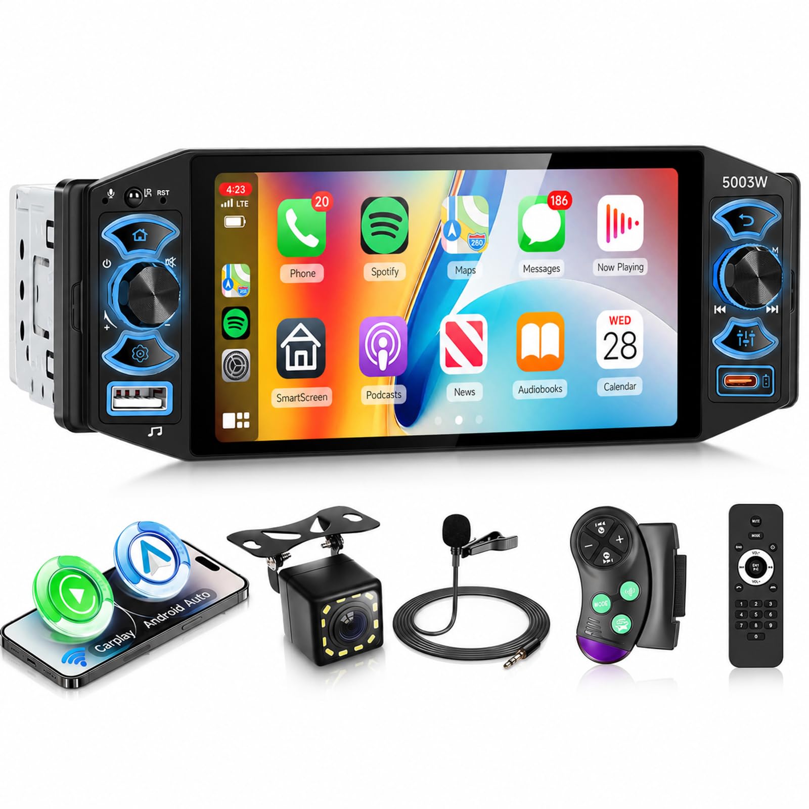 Rimoody 5 Inch Single Din Car Stereo with Wireless CarPlay &amp; Android Auto