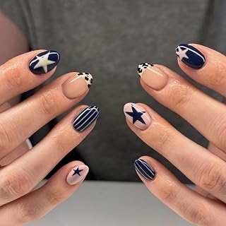Short Nails Press on Oval French Tip Fake Nails Blue False Nails with Stars Stripes Leopard Print Designs Petite Acrylic Nail Cute Short Glossy Glue on Nail for Women Girls 24Pcs