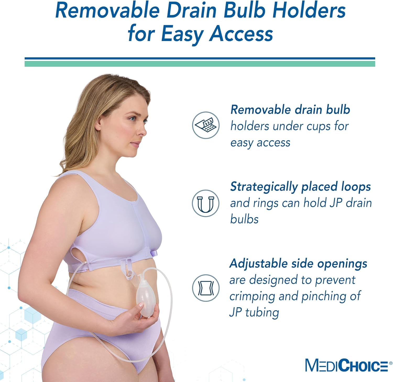 MediChoice Wireless Amy Surgical Bra, Front Closure Mastectomy Support Bra with Seamless Cups Removable Drain Bulb Holders