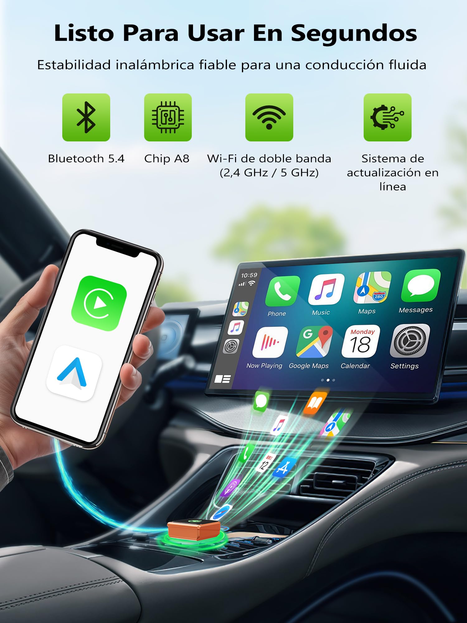CarPlay Inalámbrico Android Auto Inalámbrico: Adaptador 2 en 1 Mini con Conexión Rápida Automática, Plug & Play, USB-A/C, WiFi Dual 2.4/5GHz, Auto Reconexión, Compatible iPhone iOS 10+ & Android 11+