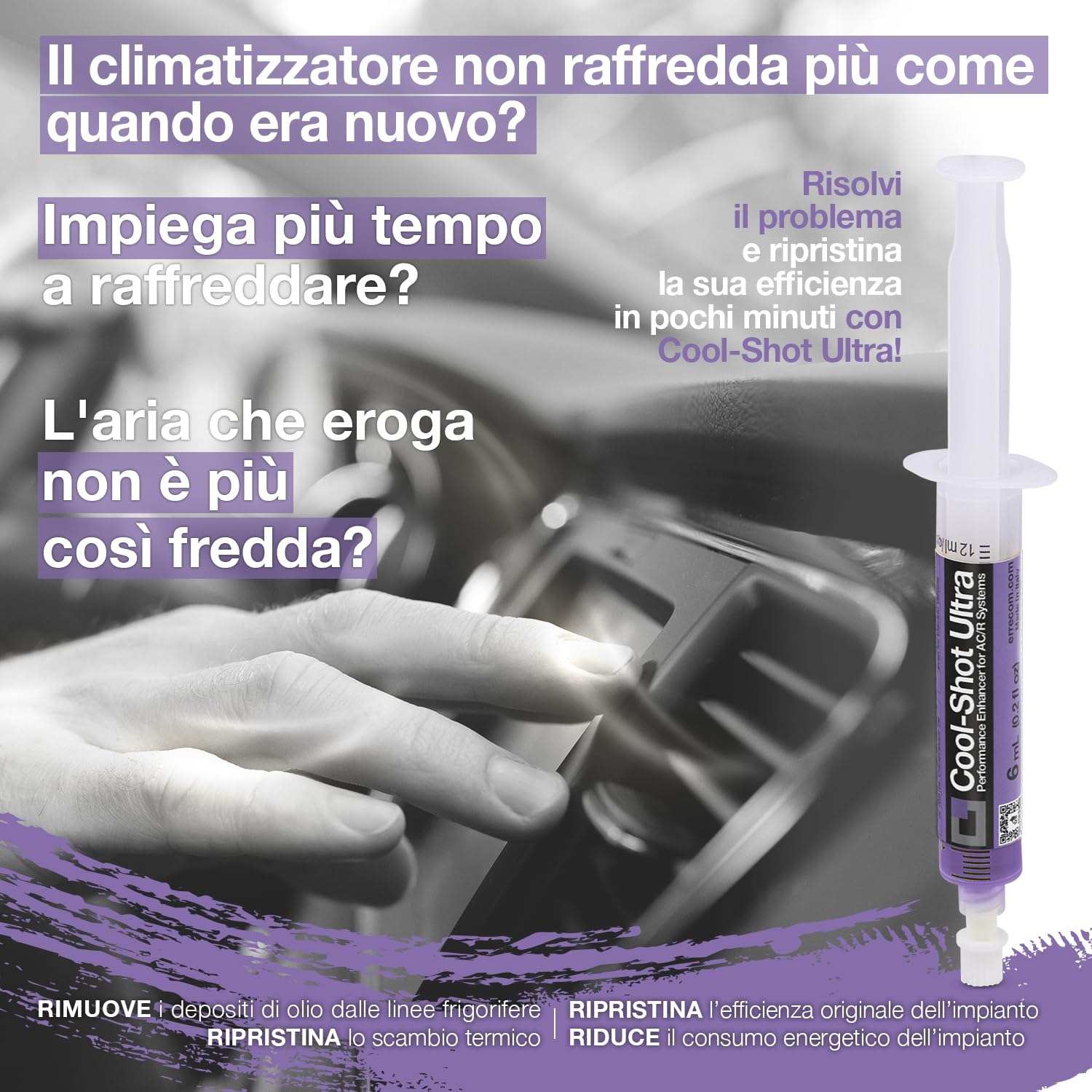 ERRECOM Cool-Shot Ultra, Additivo per Ripristinare l’Efficienza Originale degli Impianti di Climatizzazione Auto, siringa da 6 mL, Include Adattatore per Gas refrigerante R134a