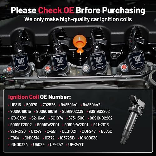 Vista 113 de BDFHYK Paquete de bobinas de encendido UF596 y bujías de iridio 93501 compatibles con Toyota Corolla 2009 2010 2011 2012 2013 Toyota Prius Matrix