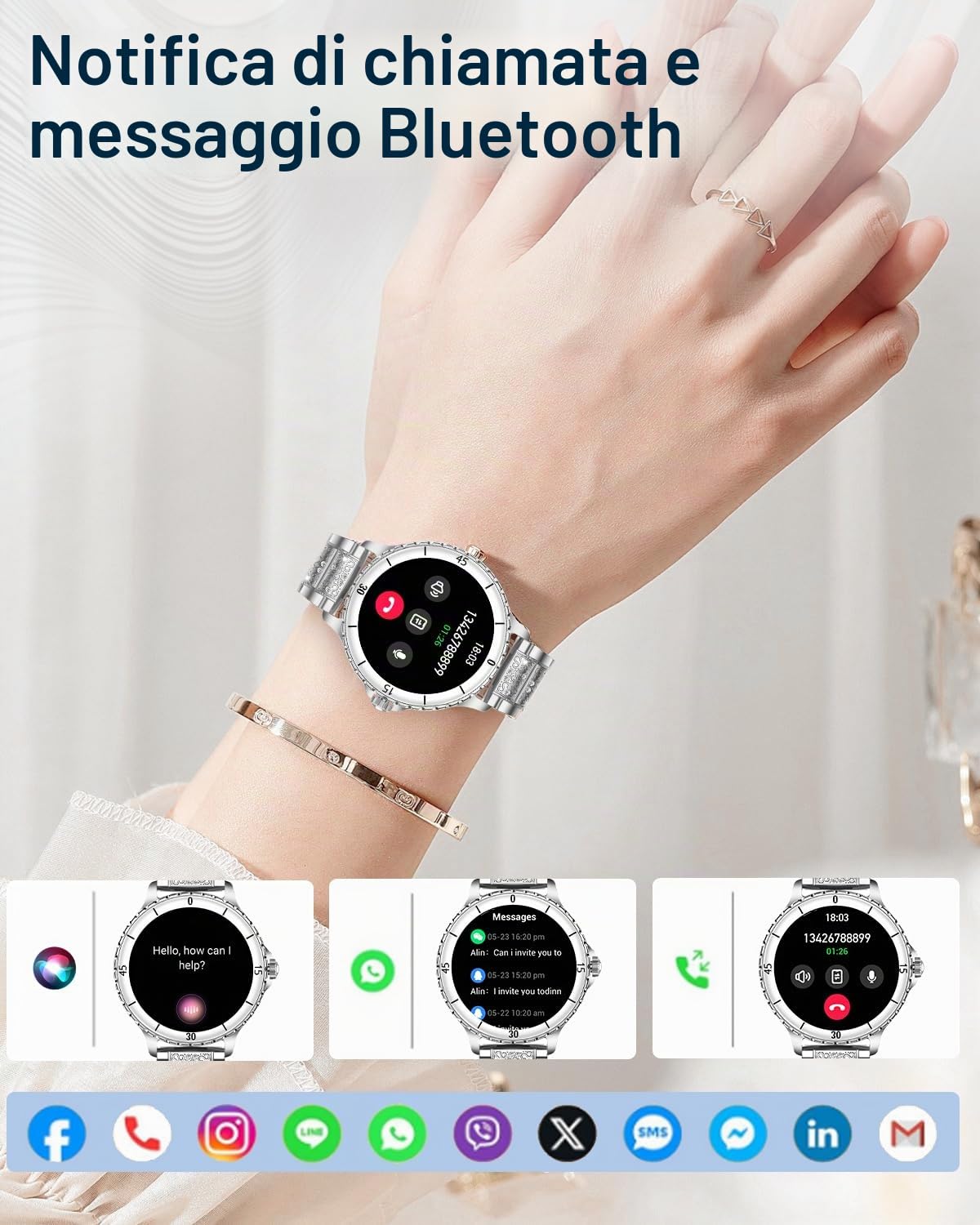 Smartwatch Donna Chiamate Bluetooth, 1.27" Orologio Smart Watch Rotondo con Cinturino di Diamante, Compatibile Android/iOS, IP68 Impermeabile Fitness Trackert con Cardiofrequenzimetro Sonno, Argento