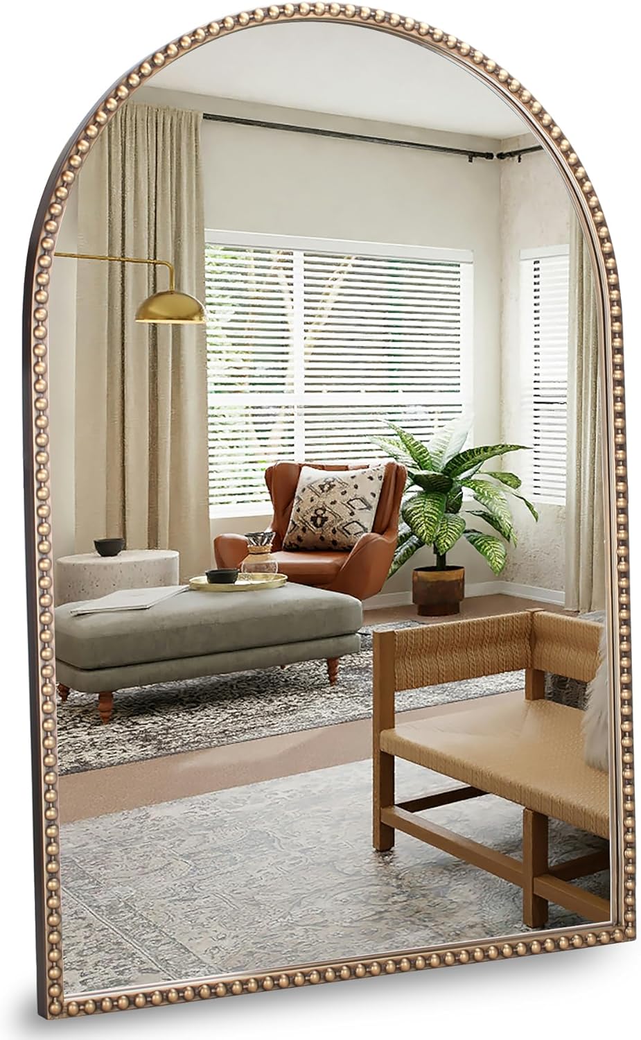Arched Wall Mirror 24" x 36",Antique Gold Metal Beaded Frame, Decorative Accent Mirror for Bathroom, Living Room, Entryway & Bedroom