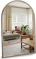 Wemily Arched Gold Beaded Wall Mirror 24x36 Inch - Vintage Framed Decorative Mirror for Bathroom Bedroom Entryway