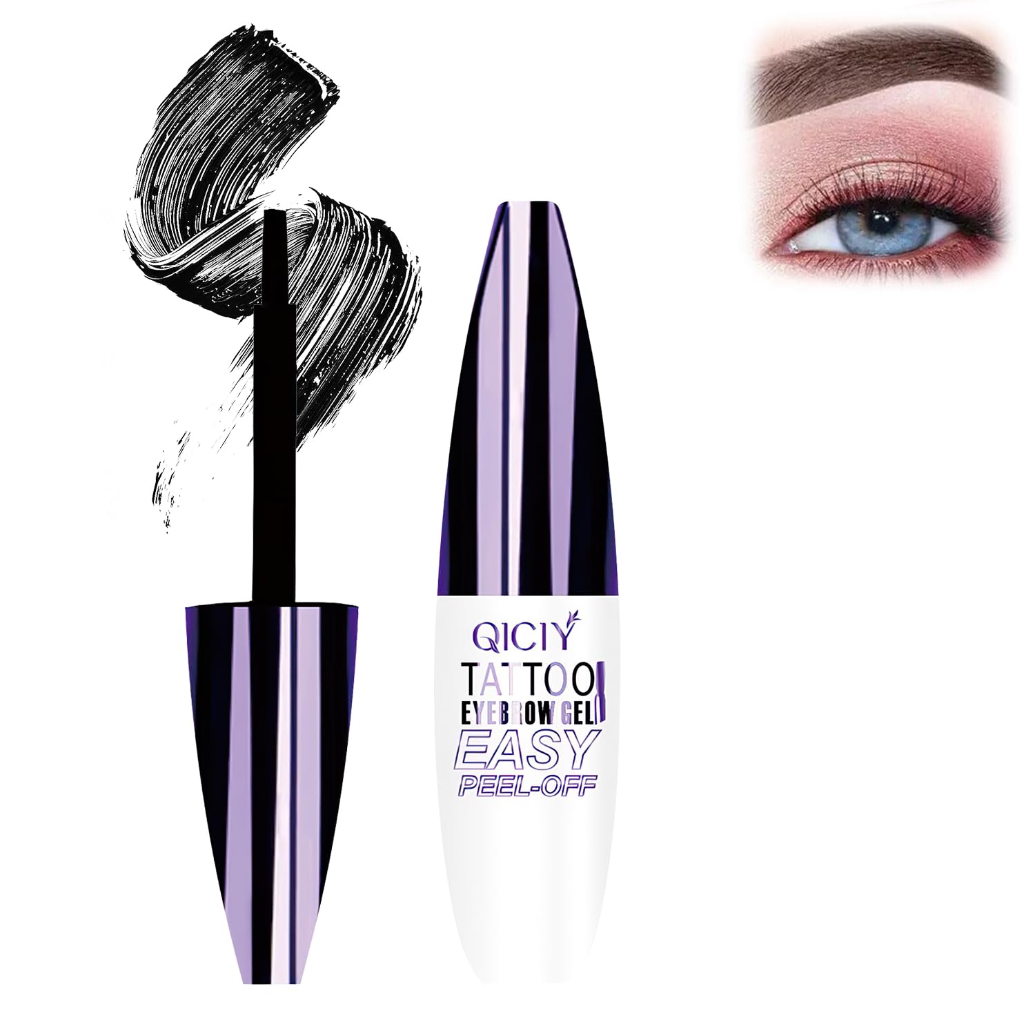 Easy Peel off Eyebrow Gel, Qiciy Tattoo Eyebrow Gel Easy Peel Off, Tinted Eye Brow, Professional Eye Brow Tint, Waterproof & Sweatproof (Black)
