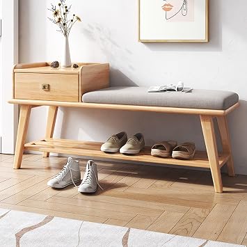 Solid Wood Entryway 2-Tier Shoe Storage Bench with Drawer and Padded Seat Shoe Organizer Rack with Storage for Living Room Bedroom Dinning Room EntrywayBeige