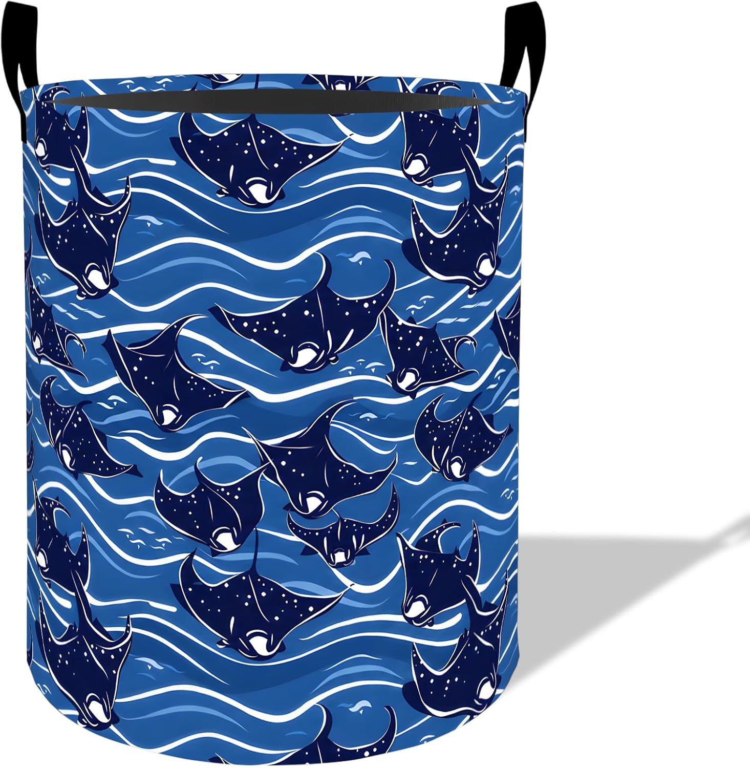 Manta Ray Laundry Basket Hamper 19.7"x15.7", Organizer Bins Gifts for Kids Boys Girls, Blue Ocean Manta Ray Foldable Wateshrproof Oxford Clothes Storage Bucket for Bedroom Bathroom Decor