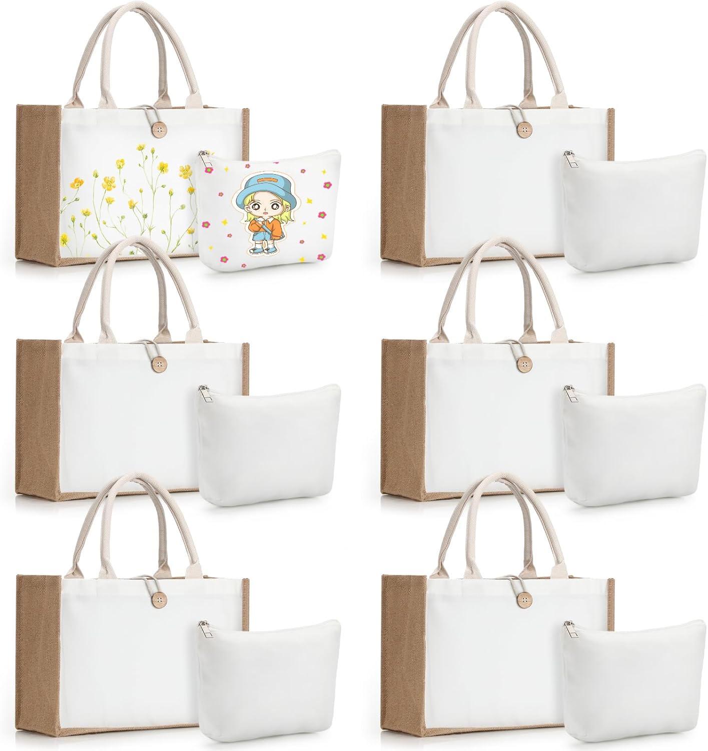 12 Pcs Sublimation Blank Tote and Makeup Bags Set, Reusable Canvas Polyester Tote Bags for DIY Burlap Gift