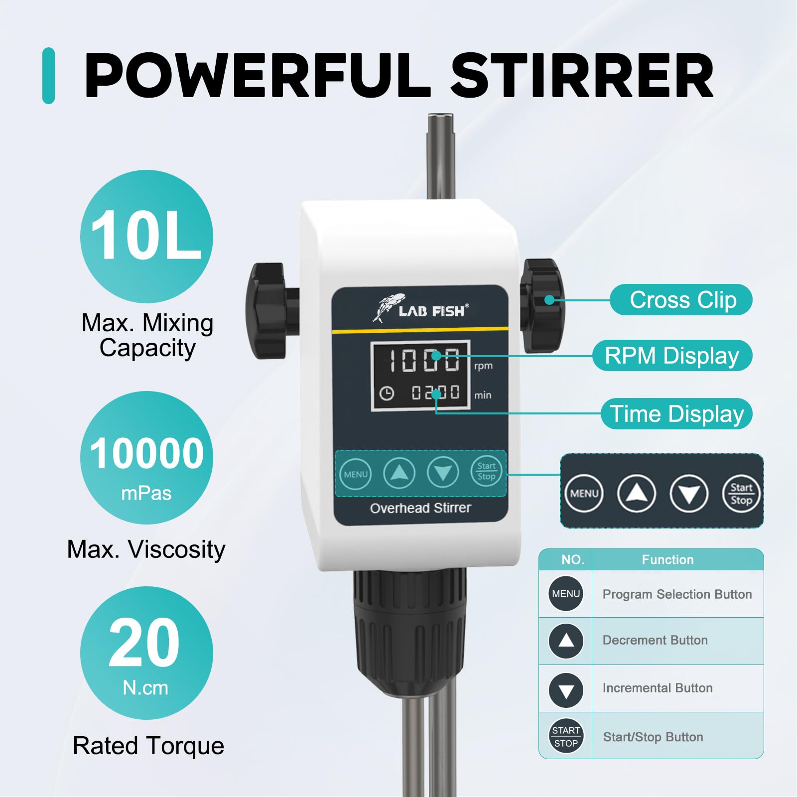 LAB FISH Digital Overhead Stirrer Lab Mixer 100-1200RPM Cap. 10L 10000 mPas Timing 1min-24h for Chemical