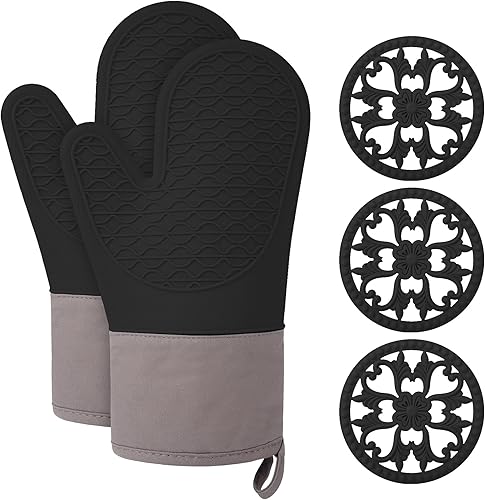 Miniatura 1 de Juego de 5 guantes de horno de silicona, resistentes al calor, guantes de horno y soportes para ollas, guantes de cocina, guantes de horno para