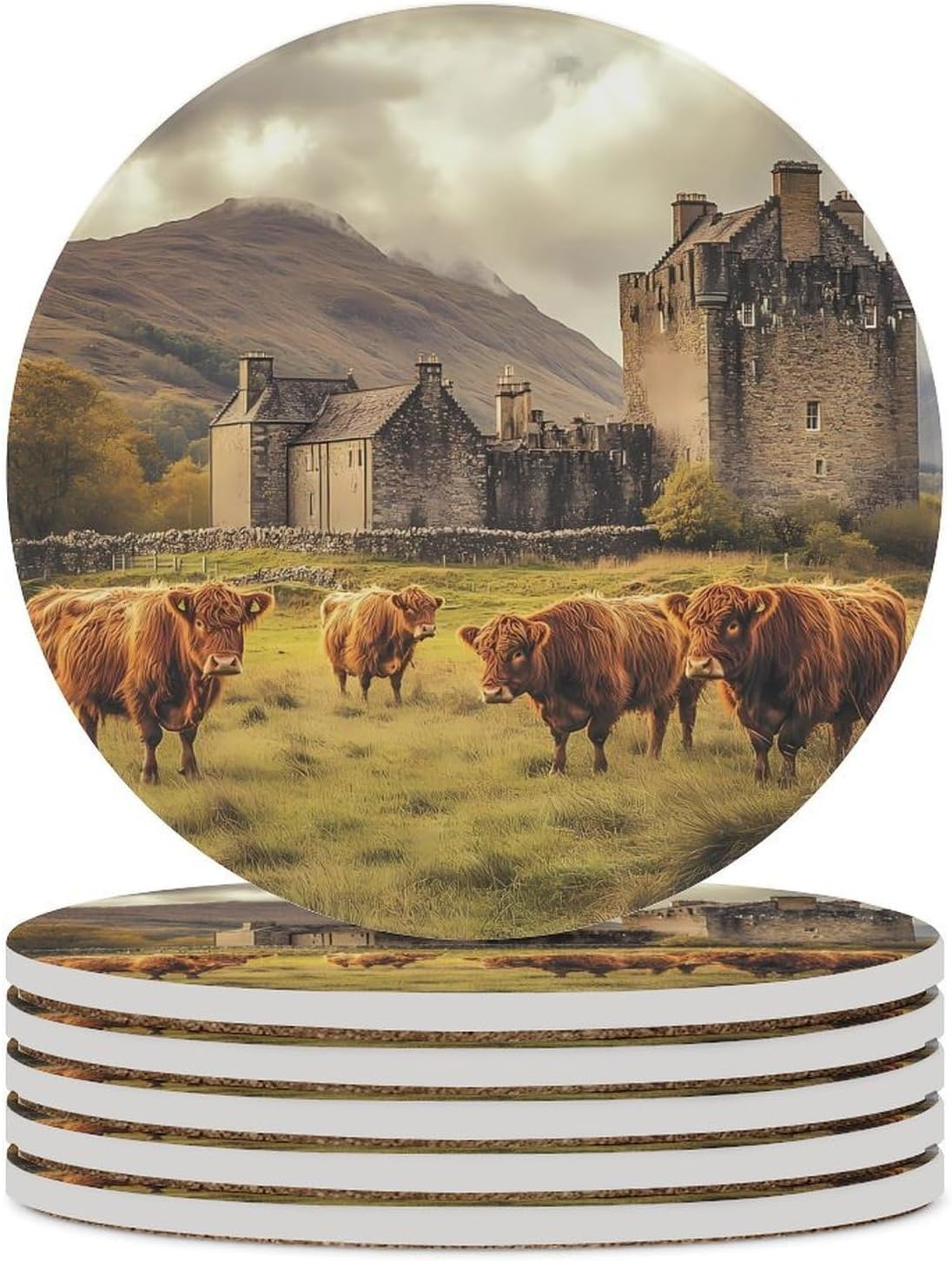 Basse Castle Scottish Highland Cows Round Ceramic Coasters Print Drinks Absorbent with Cork Base for Home Decor Gifts 4 Inch