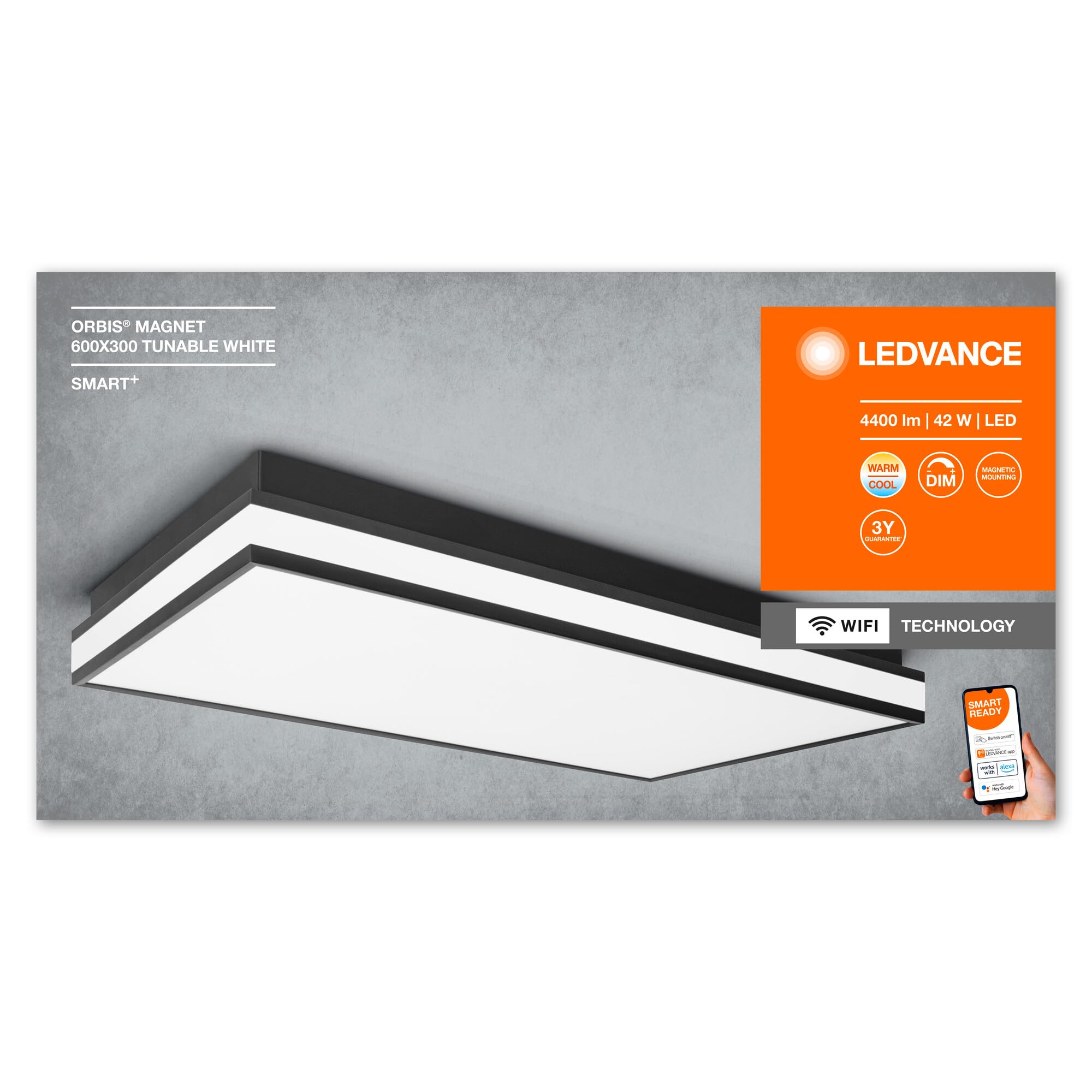 LEDVANCE ORBIS MAGNET SMART+ Wi-Fi 60x30cm, dimmbare LED Deckenleuchte für den Innenbereich, 42W, Farbtemperatur 3000-6500K, 4200 Lumen, Design-Lampe mit innovativem Magnetrahmen, schwarz