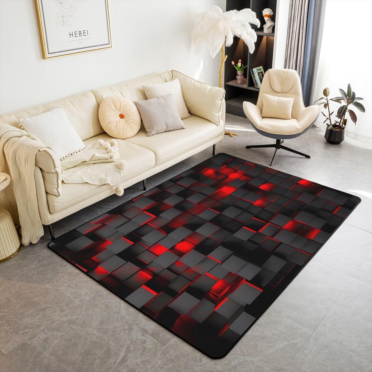 Feelyou Red and Black Rugs for Living Room Bedroom 3x5 Light Geometric Area Rug for Kids Boys Girls Decor Decorative Carpet Set Modern Indoor Floor Mat