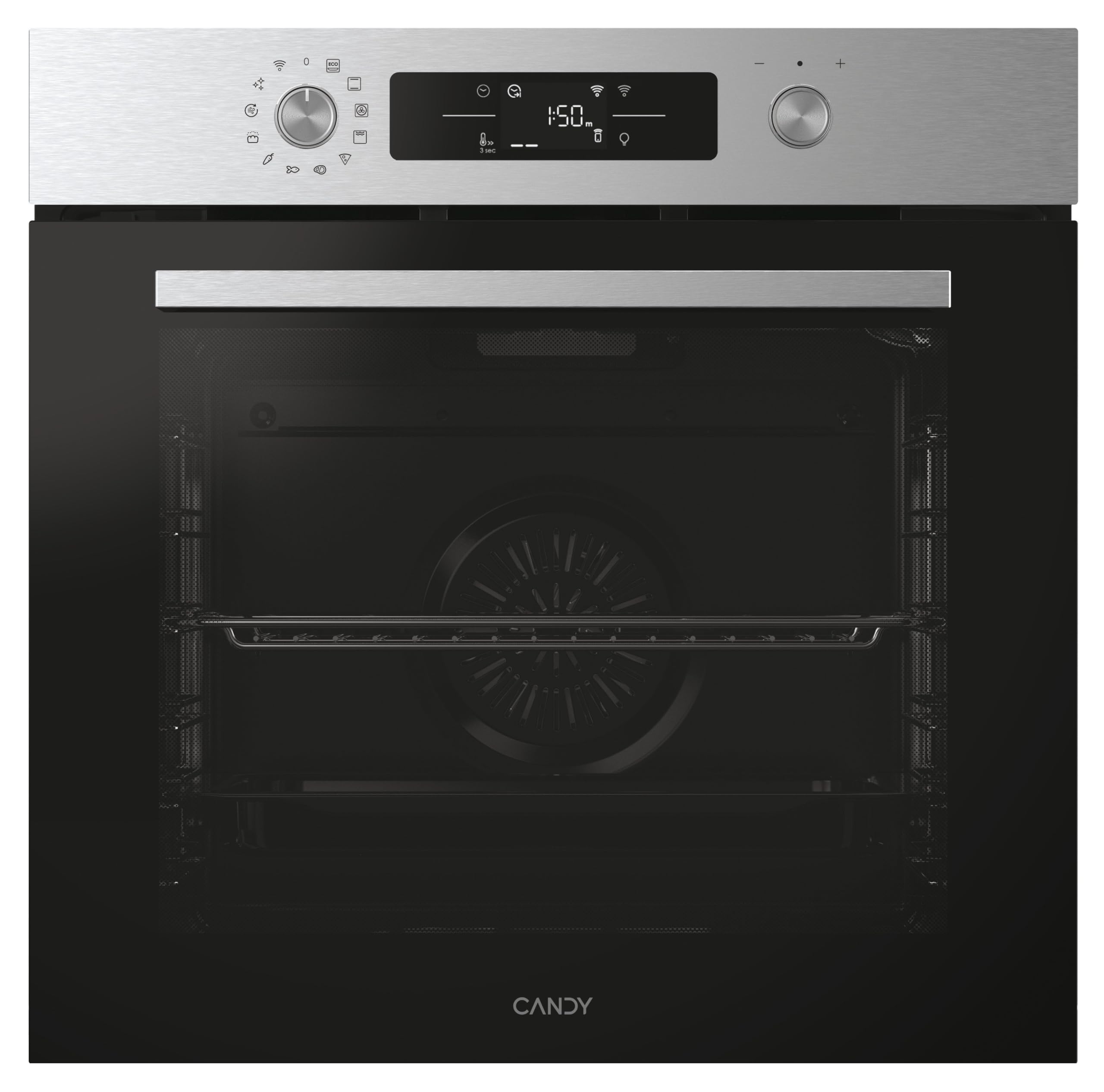 Candy C-Bake 600 CA6 NP5B3YTX, Horno Multifunción, Pirolítico-Hidrolitico, 78L, WIFI, 3300W, 2 Bandejas+1 Rejilla, Convección+Ventilador, 12 Funciones, Mandos Push&Pull, Puerta 4 Cristales, Negro-Inox