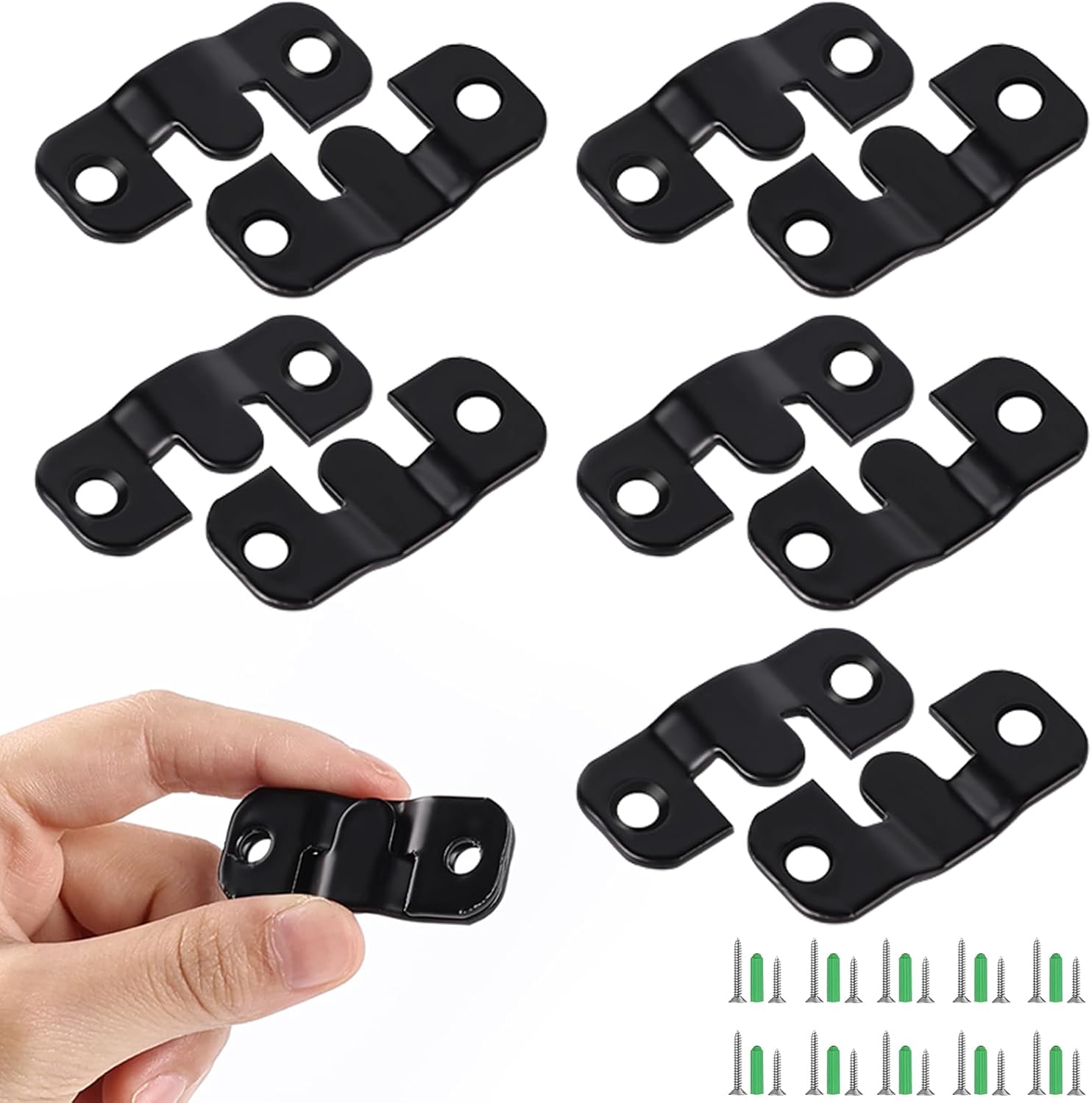 5 Pairs Flush Mount Bracket, Interlocking Heavy Duty Picture Hangers with Screws, Wall Mount Hardware Photo Frame Hook Furniture Connector for Headboard Mirrors Art Gallery (Black, Small)
