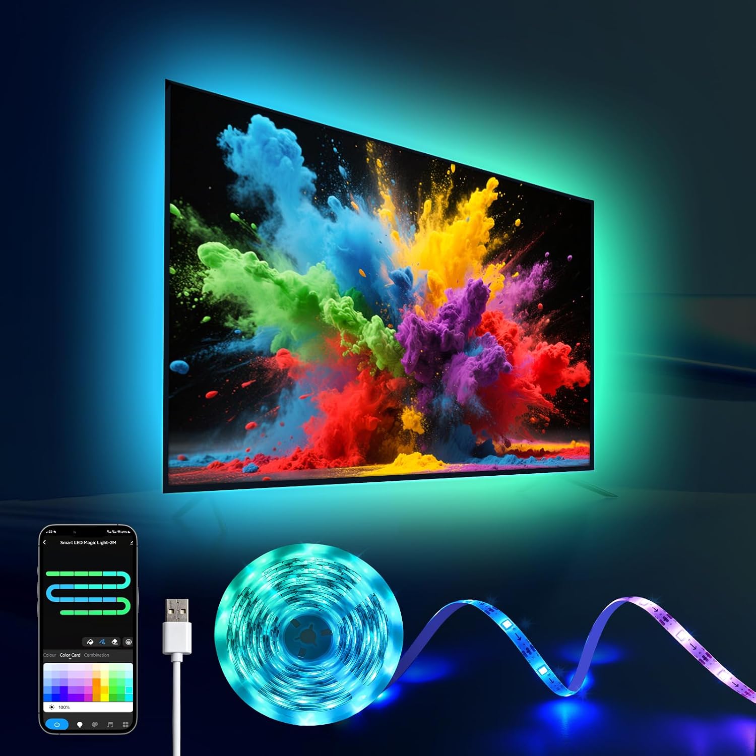 16.4ft LED Lights for 50-75 Inch TV, RGB+IC TV Lights Backlight Strip Behind, with 44 Scene Modes, Bluetooth APP and Voice Control, Music Sync Smart Ambient Lighting for Gaming, Bedroom, Living Room
