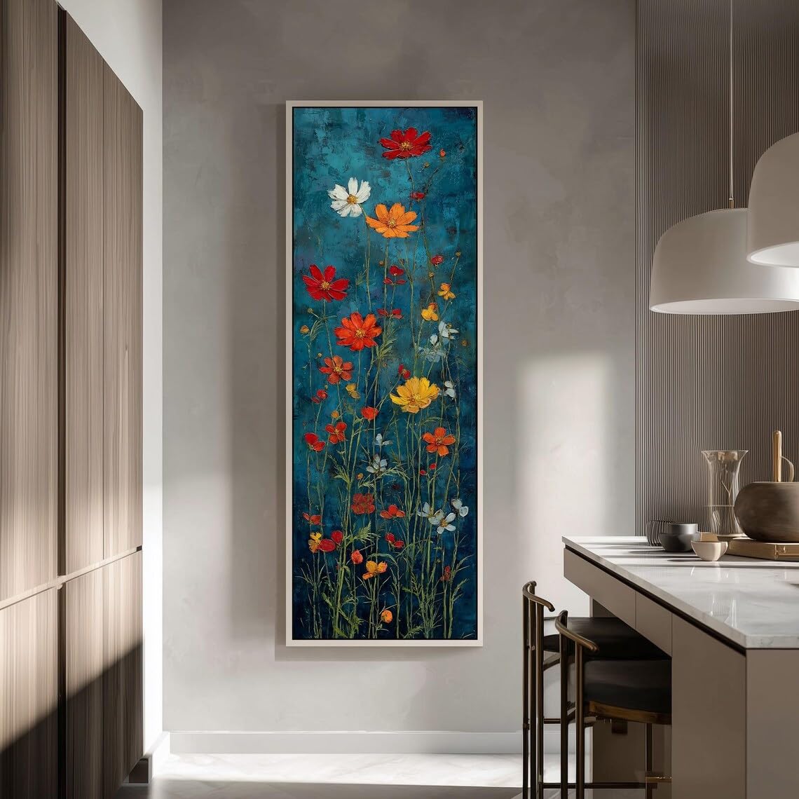 XINBAO Hochformatiges Gemälde einer Wildblumenwiese, Hochformatige Leinwandkunst, Blaue und orange Kosmeen, Farbenfrohe botanische Dekoration, Wandbild (50 x 150 cm/Innenrahmen)