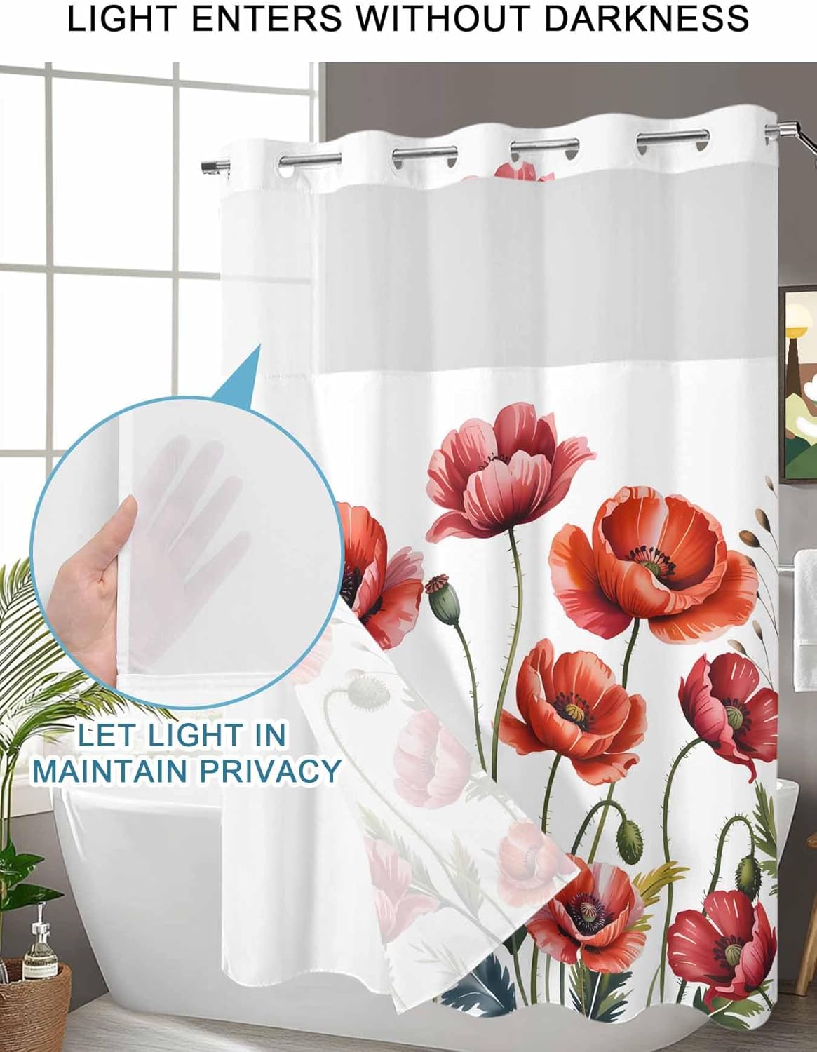 No Hook Shower Curtain, Red Flowers Small Shower Curtains with Snap in Liner, Watercolor Botanical Floral Herbs Leaves Waterproof Washable Fabric Bathroom Curtain Sets, 36" x 78"