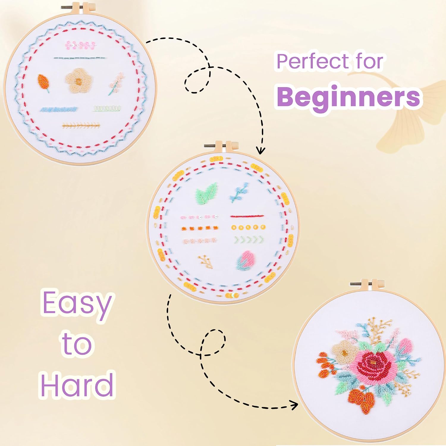 Huacan Bead Embroidery Kit for Beginners 3 Sets, Bead Embroidery Kit with Step by Step Stitch Video & Instructions, Three-Dimensional Starter Embroidery Set with 19 Stitches for Gift
