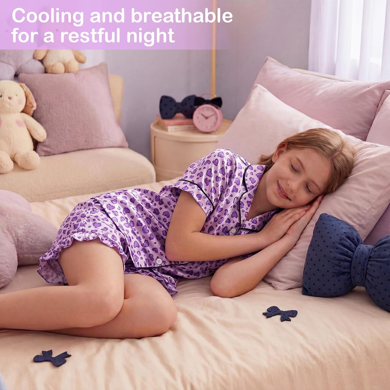 MHJY Girls Satin Pajama Set 2-Piece Short Sleeve Button-Down Sleepwear