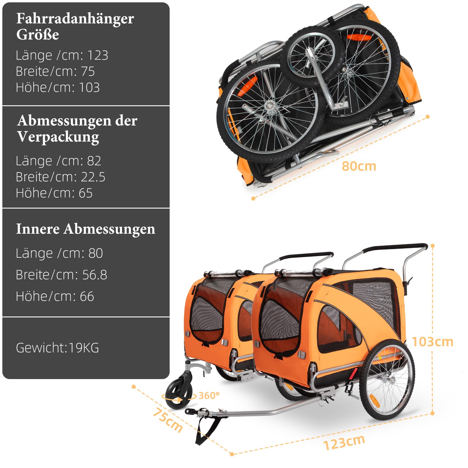 XL Hundeanhänger Fahrrad & Jogger 2-in-1 mit Handbremse und Reflektoren, stabiles 600D Oxford-Gewebe, Hundetransporter bis 40 kg