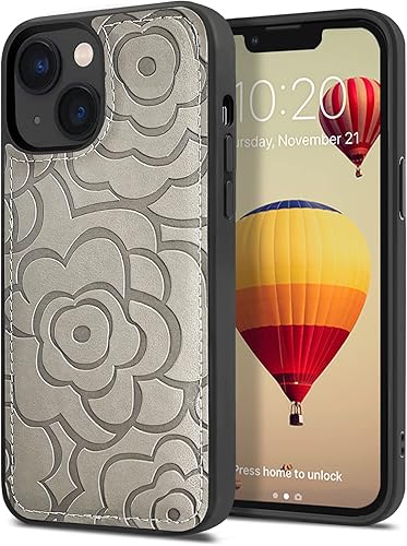 CASEOWL Camellia - Funda de piel vegana en relieve compatible con iPhone 13, magnética, desmontable, delgada, funda protectora de TPU para iPhone