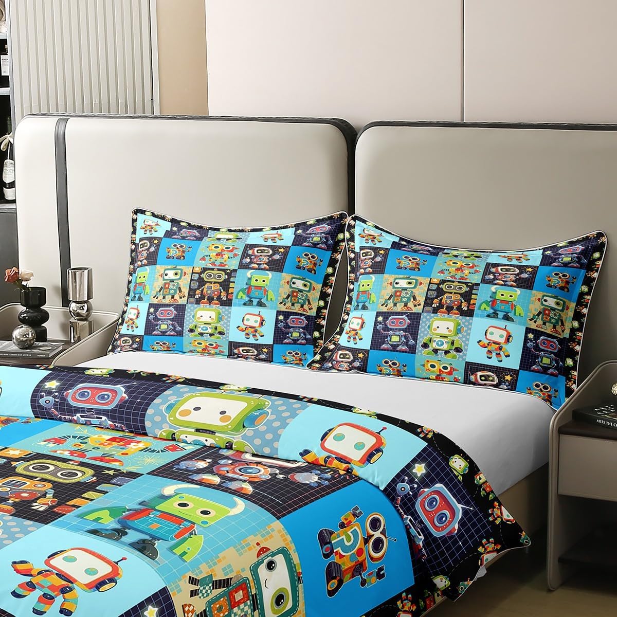 Kids Robot 100% Cotton Bedding Set Queen Size,Cartoon Cute Robots Graffiti Duvet Set 3pcs for Boys Girls,Iintelligent Machine Comforter Cover,Teens Splicing Geometric Quilt Cover,Not Comforter