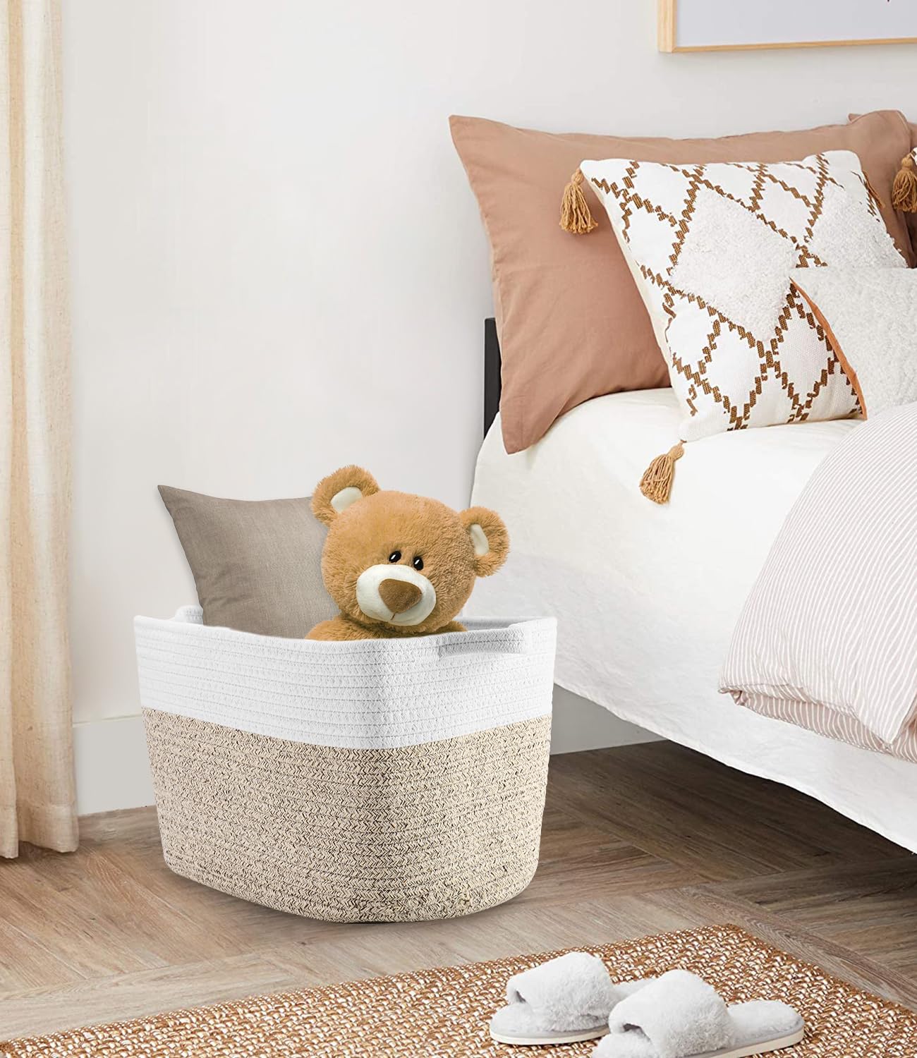 Cestini Intrecciati,Cesto Portabiancheria Extra Large,Ceste Organizer, Cesta Portabiancheria Bambini,33x25x23 CM,con Manici,Decorazione Cestini Stoccaggio per Bagno Cameretta Salotto Ufficio
