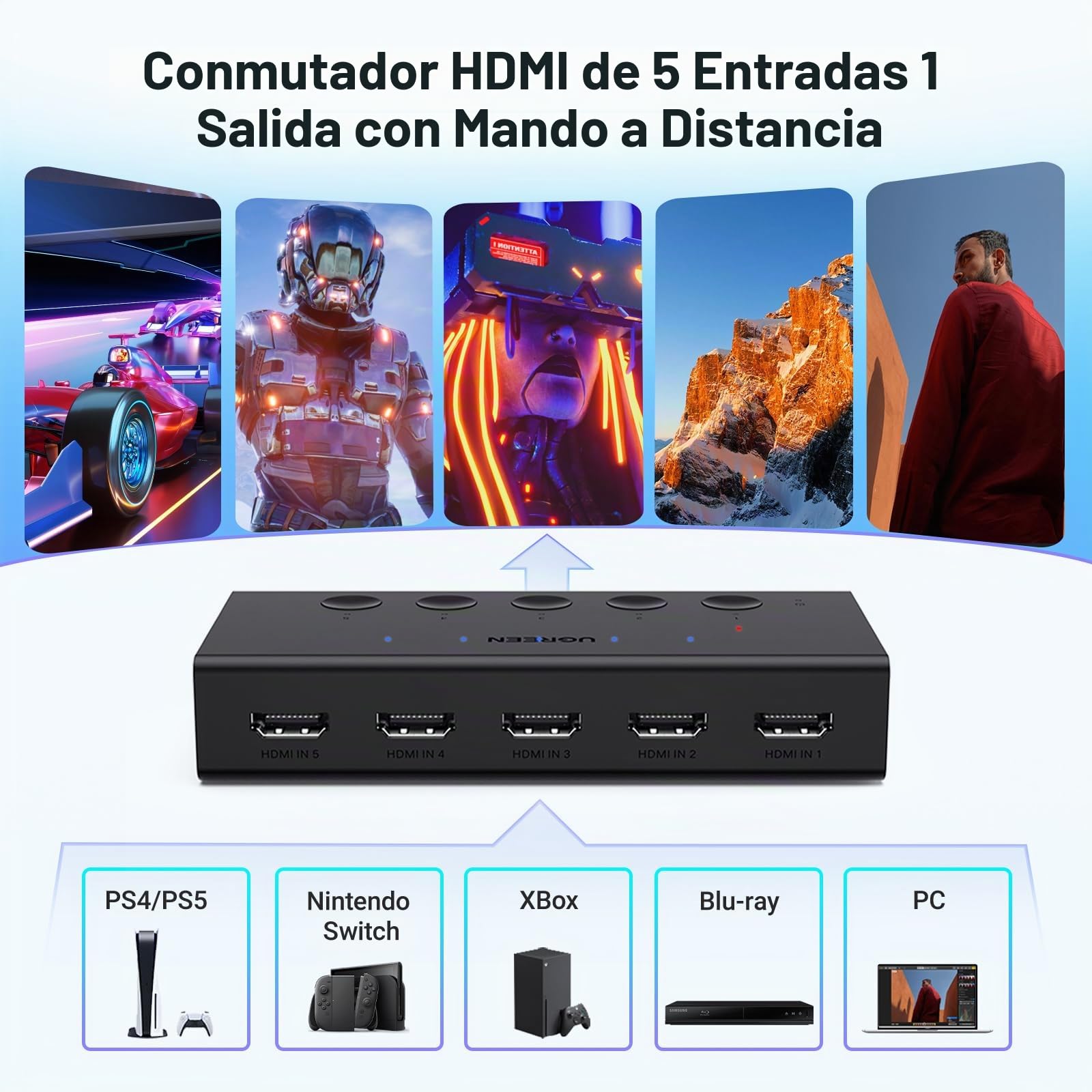 UGREEN HDMI Switch 4K 60Hz 5 Entradas 1 Salida 3D HDR CEC Conmutador con Mando a Distancia Compatible con PS5 PS4 Xbox One 360 ​​TV Stick Box Chromecast DVD BLU Ray PC HDTV Proyector Pantalla