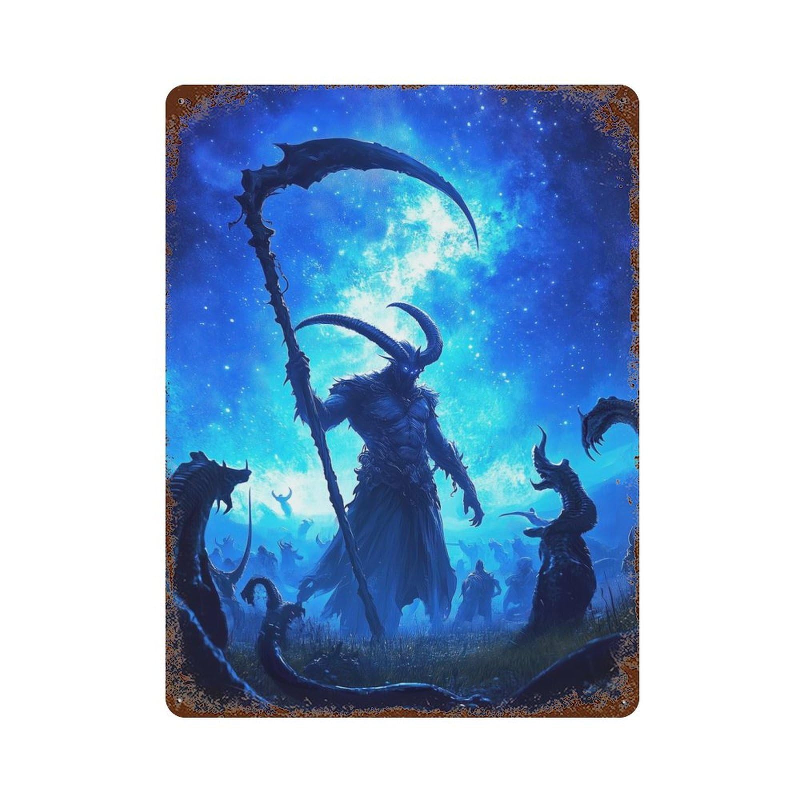 Rust Effect Demon Lord Weathered Tin Sign 15.7"x11.8", Novelty Wall Decor for Office, Studio And Wall Decor