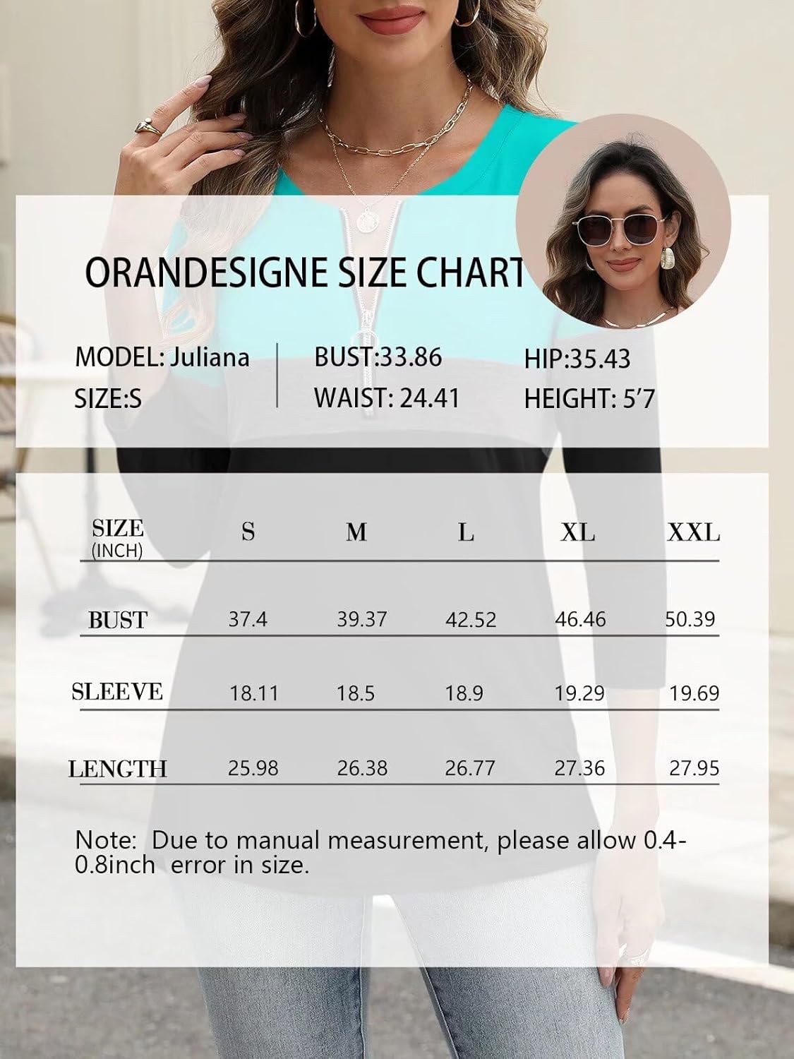 ORANDESIGNE Women’s 3/4 Length Sleeve Tops Summer Color Block Zipper T Shirts Casual Ladies Tees - Image 6