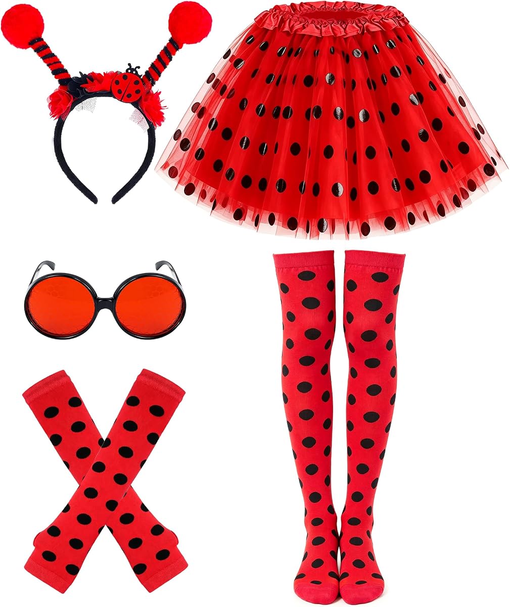 Hikkcos 5 Pcs Ladybug Costume Halloween Tutu Antenna Headband | Round Glasses, Polka Dot Sleeves, Thigh High Socks, Tutu With Lining, Stretchy Fabric, Party Dress Up