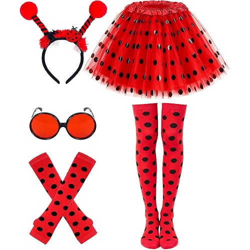 Hikkcos 5 Pcs Ladybug Costume Halloween Tutu Antenna Headband | Round Glasses, Polka Dot Sleeves, Thigh High Socks, Tutu With Lining, Stretchy Fabric, Party Dress Up