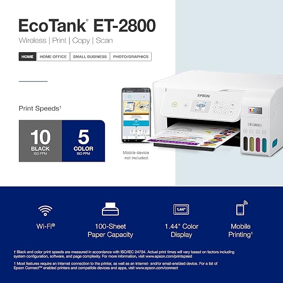 Epson EcoTank ET-28 Series Wireless Color All-in-One Cartridge-Free Supertank Printer with Scan and Copy, The Ideal Basic Home Printer, Mobile Printing, LCD Display, Voice-Activated, White