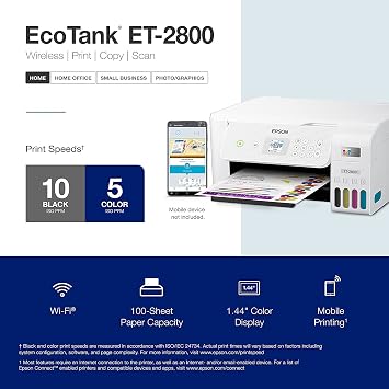 Epson EcoTank ET-28 Series Wireless Color All-in-One Cartridge-Free Supertank Printer with Scan and Copy, The Ideal Basic Home Printer, Mobile Printing, LCD Display, Voice-Activated, White