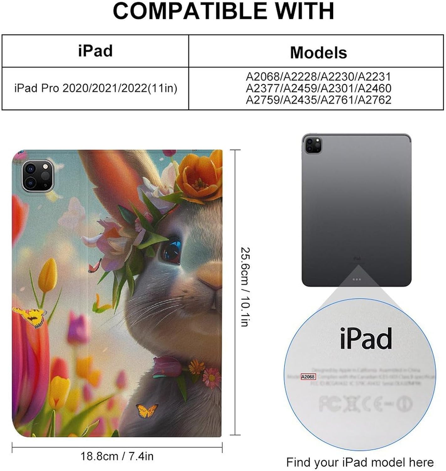 Cute Rabbit Eggs Floral Printed Case Trifold Stand Protective Cover Compatible with IPAD Pro 20/21/22(11in)