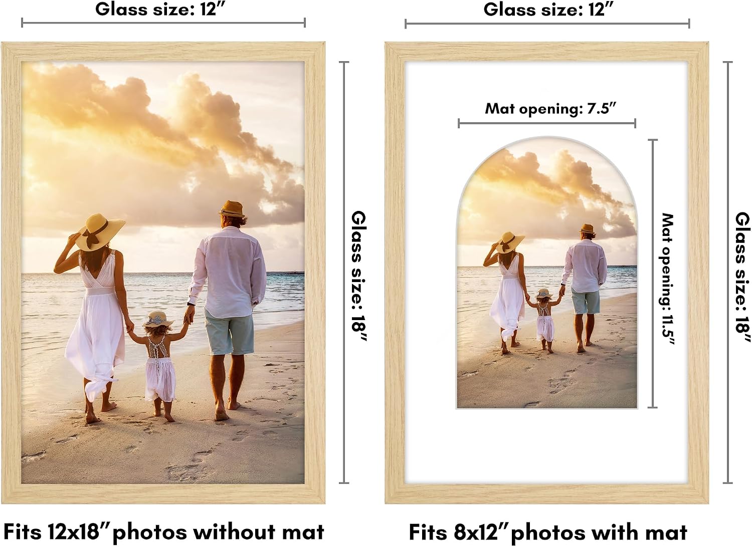 Americanflat 8x12 Picture Frame with Arch Mat Insert and Shatter-Resistant Glass - Signature Collection - Designer Photo Frames for Wall Display - 12x18 Poster Frame without Mat - Natural Oak